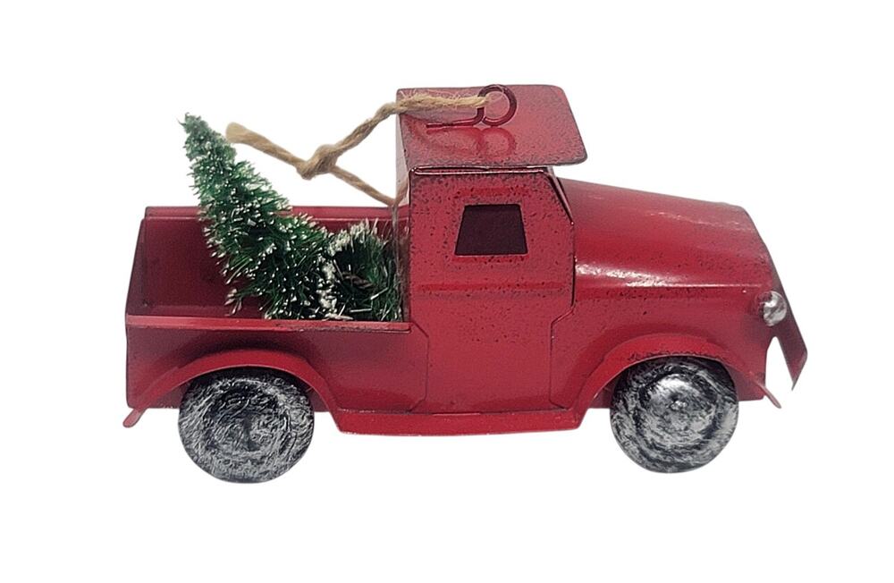 Red Metal Pressed Tin Farm Pick Up Truck With Christmas Tree Ornament 5" CL43